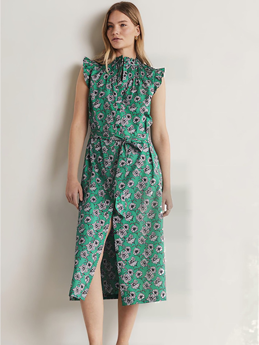 Boden Green Floral Tie-Waist Midi Dress with Ruffle Shoulders